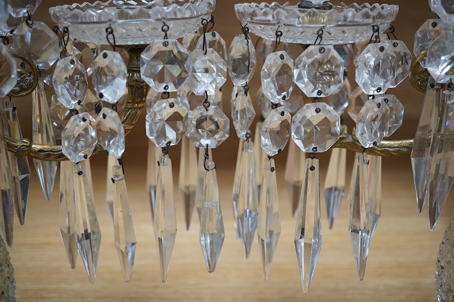 A pair of 19th century cut glass lustre drop candelabra, 42cm high. Condition - fair to good